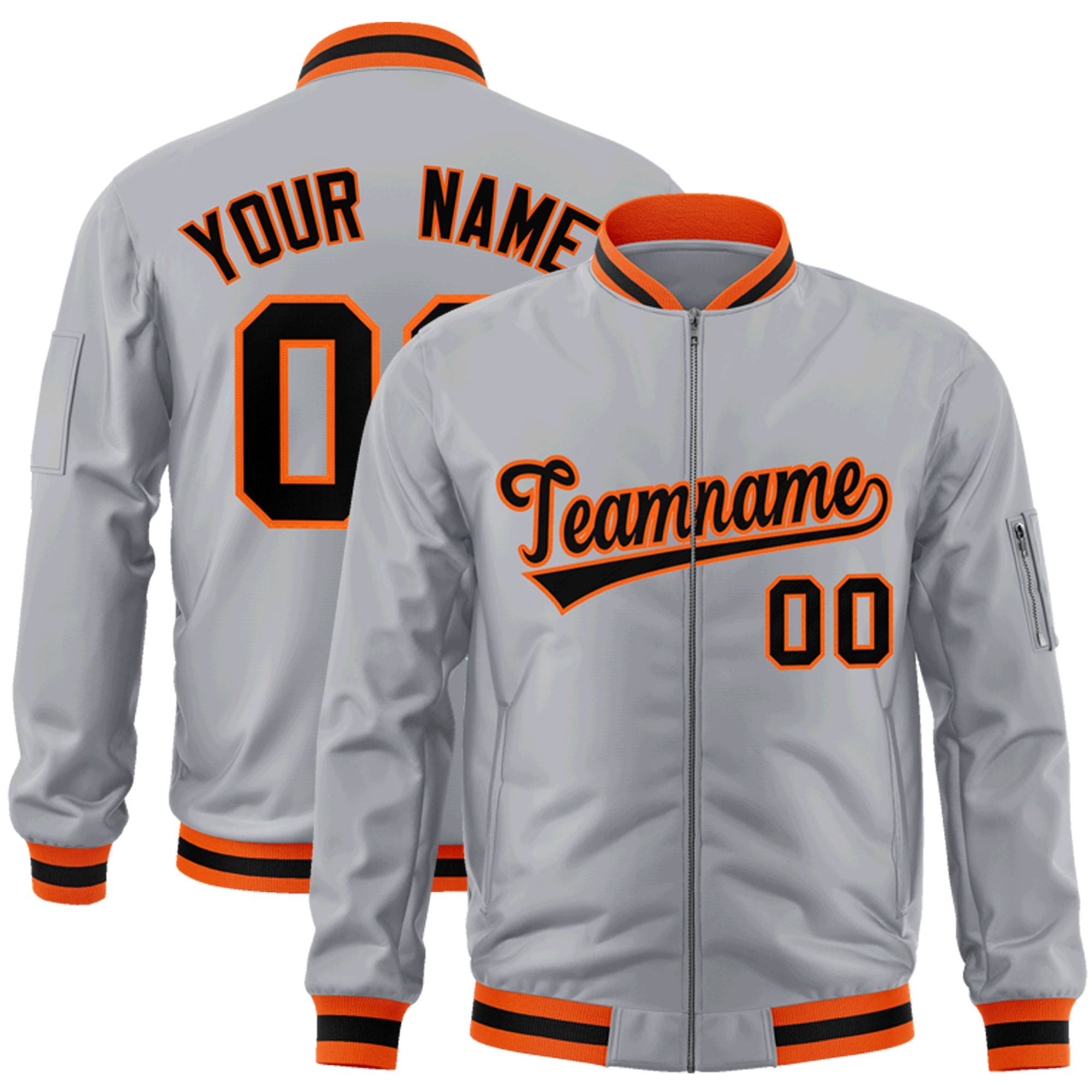 Custom Gray Black-Orange Varsity Full-Zip Letterman Bomber Jacket