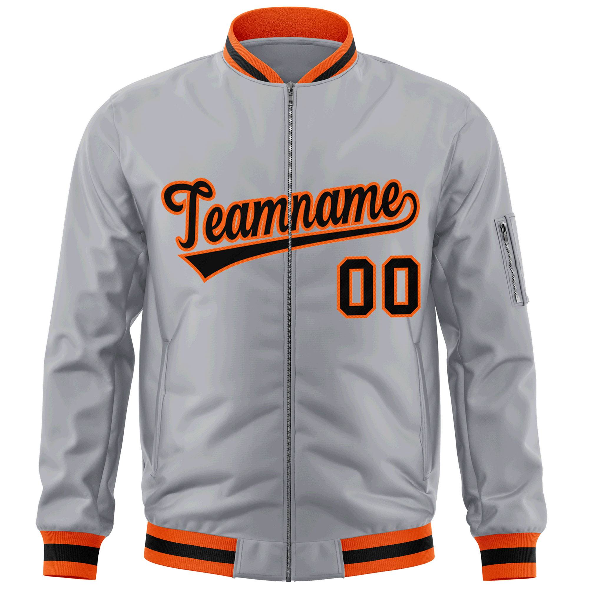 Custom Gray Black-Orange Varsity Full-Zip Letterman Bomber Jacket