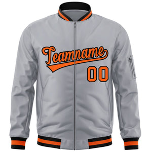 Custom Gray Orange-Black Varsity Full-Zip Letterman Bomber Jacket