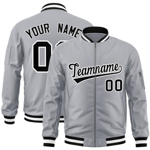 Custom Gray Black-White Varsity Full-Zip Letterman Bomber Jacket