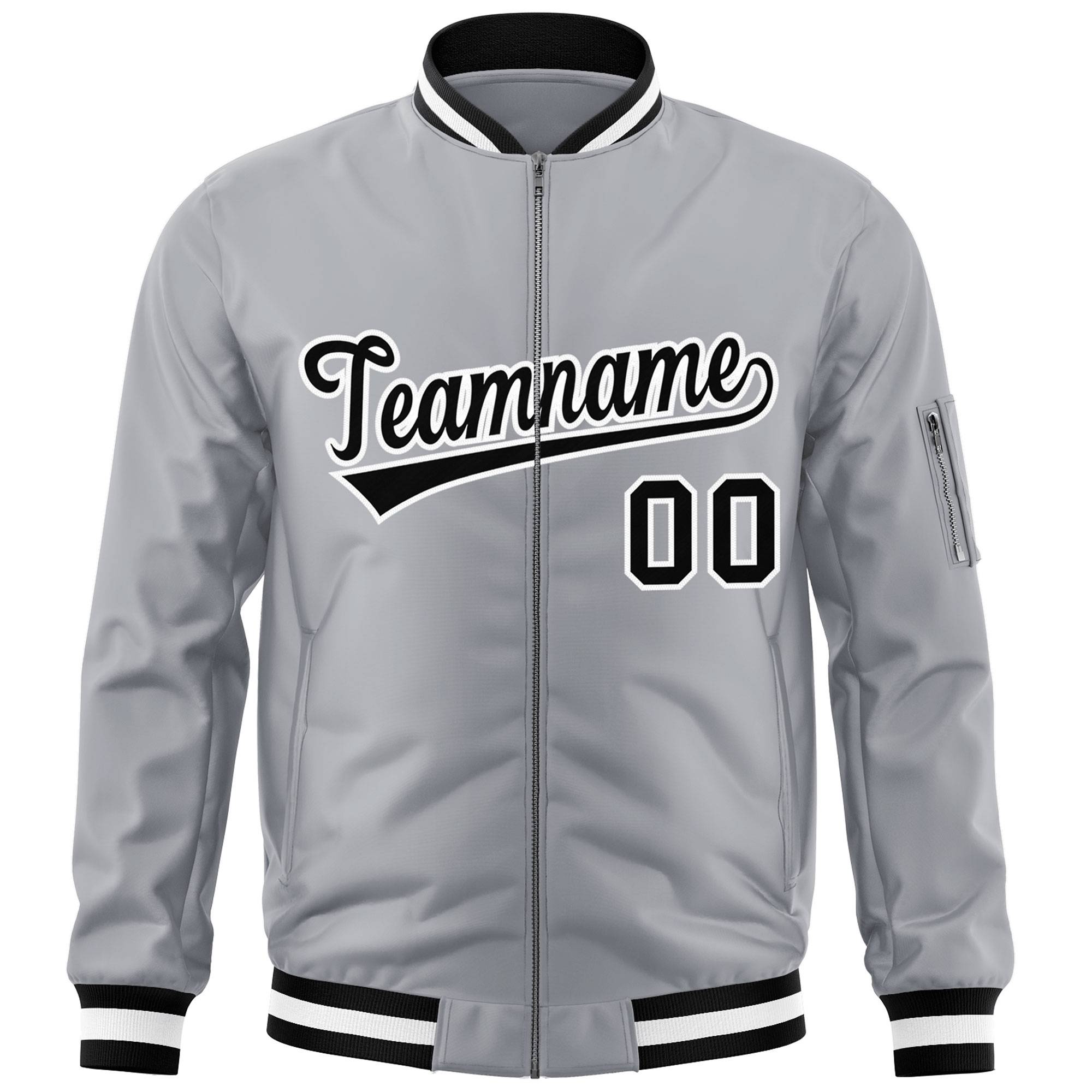 Custom Gray Black-White Varsity Full-Zip Letterman Bomber Jacket