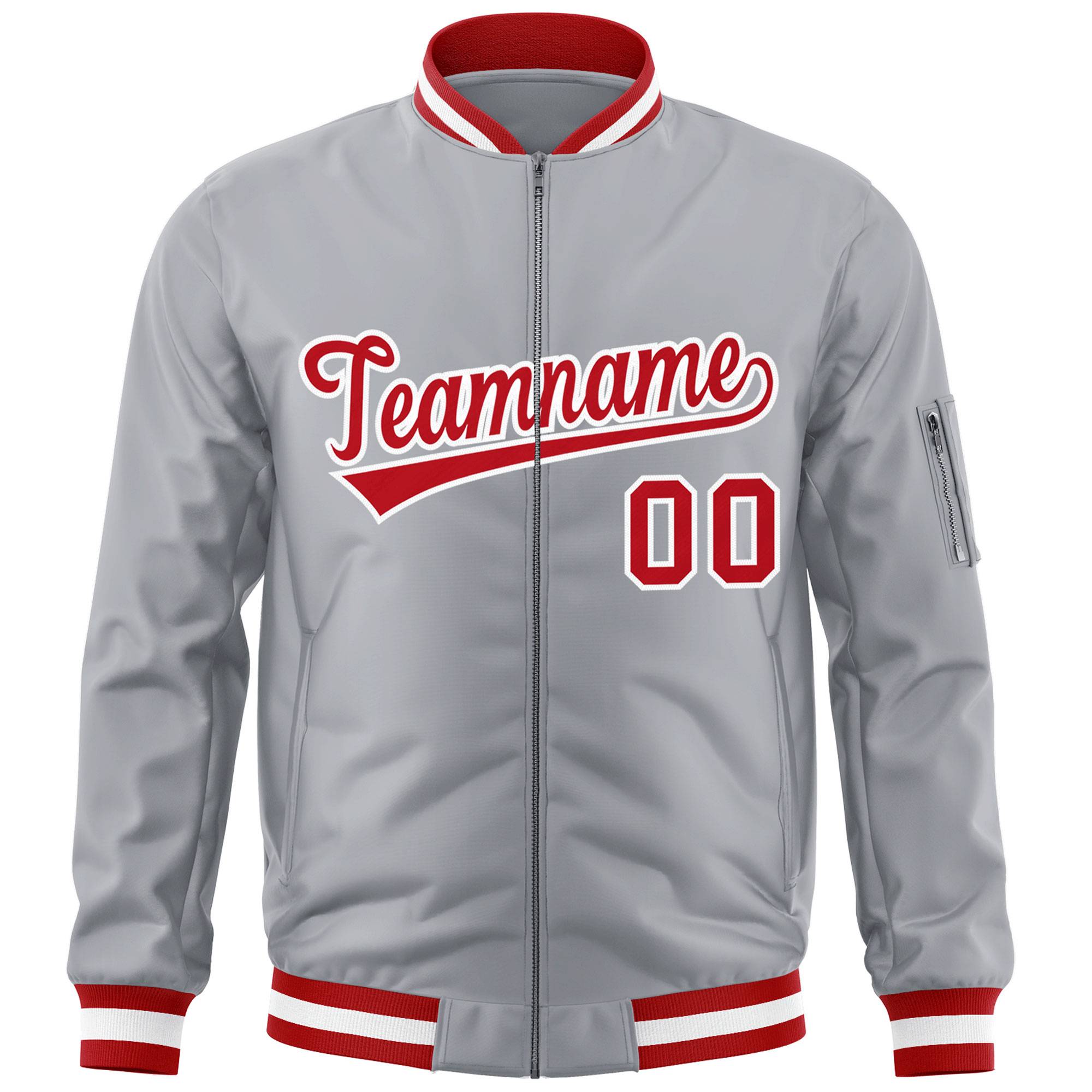 Custom Gray Red-White Varsity Full-Zip Letterman Bomber Jacket