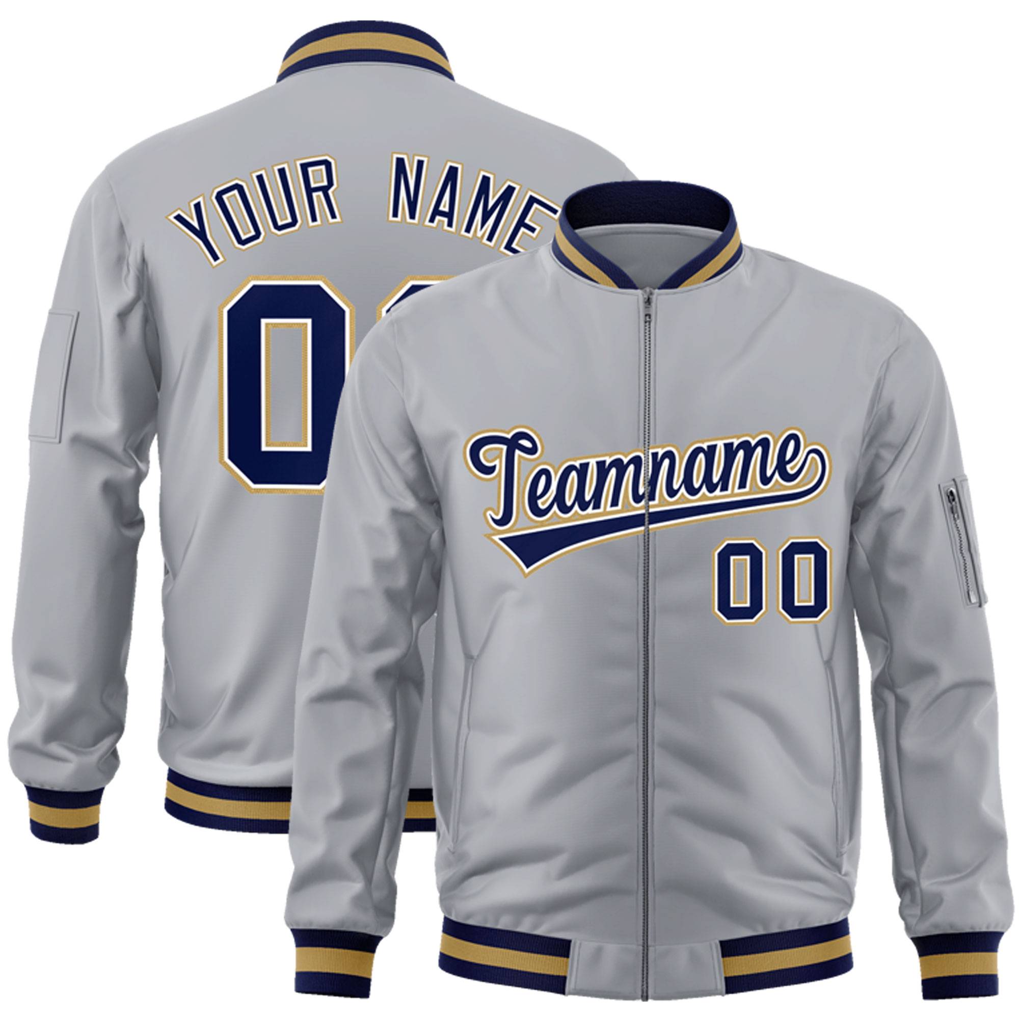 Custom Gray Navy-White Varsity Full-Zip Letterman Bomber Jacket