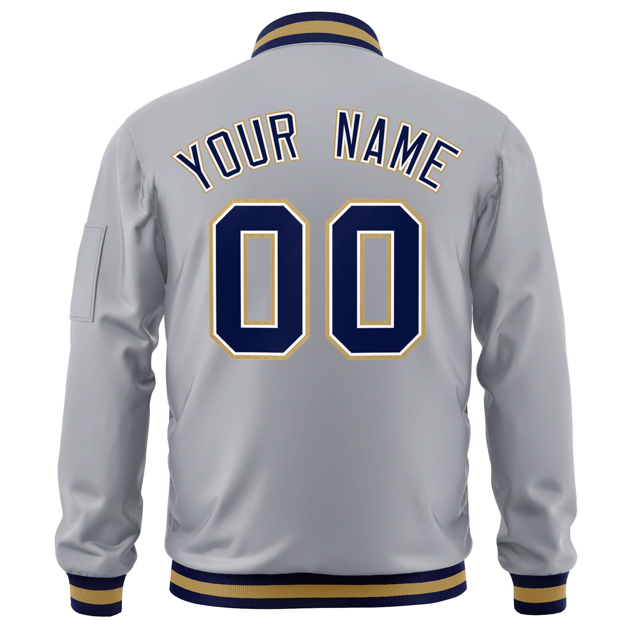 Custom Gray Navy-White Varsity Full-Zip Letterman Bomber Jacket