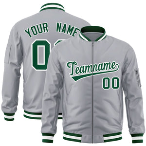 Custom Gray Green-White Varsity Full-Zip Letterman Bomber Jacket