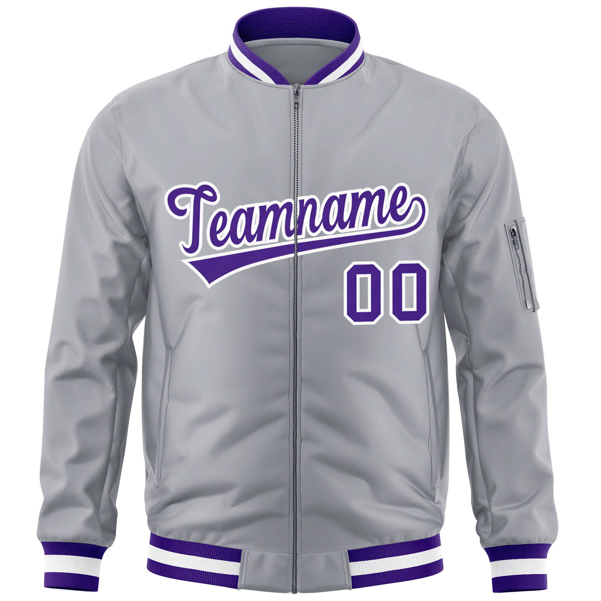 Custom Gray Purple-White Varsity Full-Zip Letterman Bomber Jacket