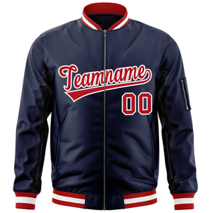 Custom Navy Red-White Varsity Full-Zip Letterman Bomber Jacket