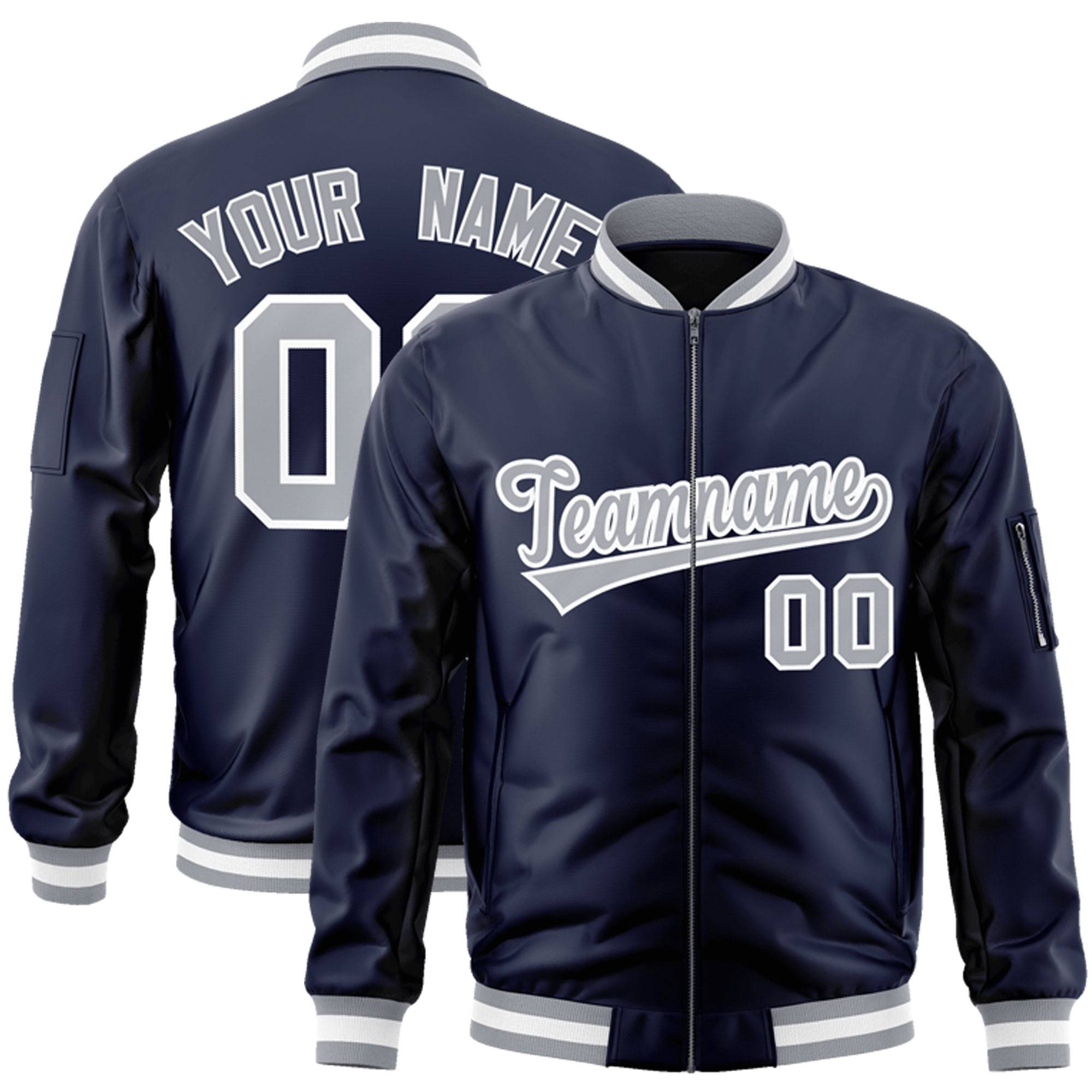 Custom Navy Gray-White Varsity Full-Zip Letterman Bomber Jacket