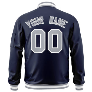 Custom Navy Gray-White Varsity Full-Zip Letterman Bomber Jacket