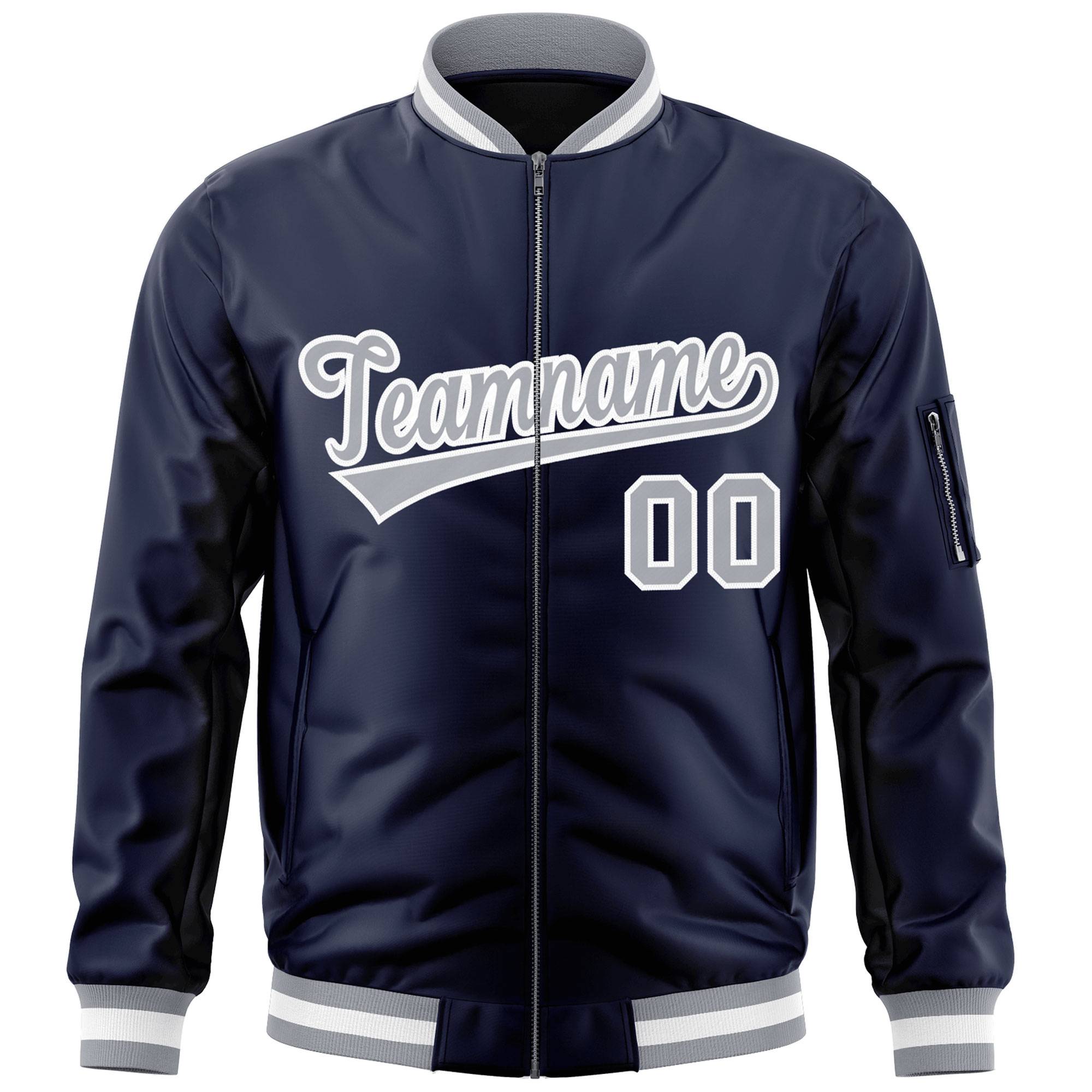 Custom Navy Gray-White Varsity Full-Zip Letterman Bomber Jacket