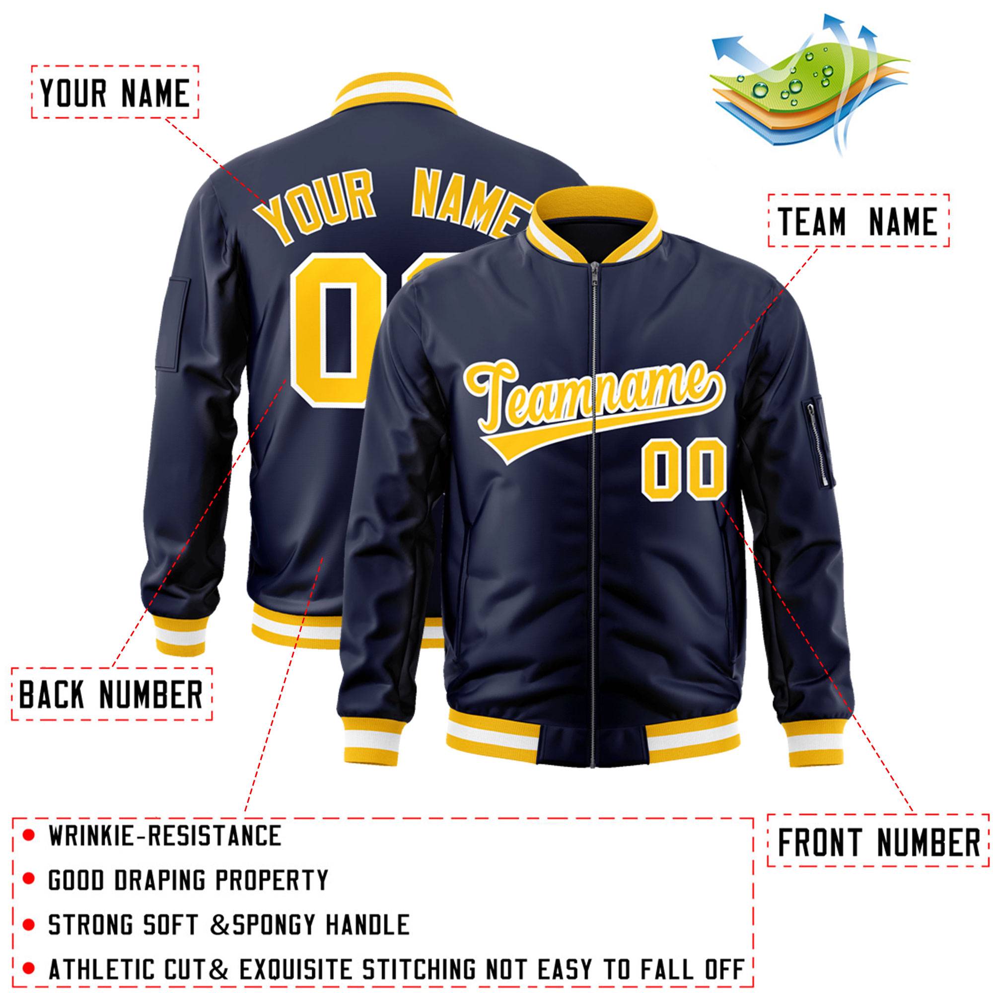 Custom Navy Gold-White Varsity Full-Zip Letterman Bomber Jacket