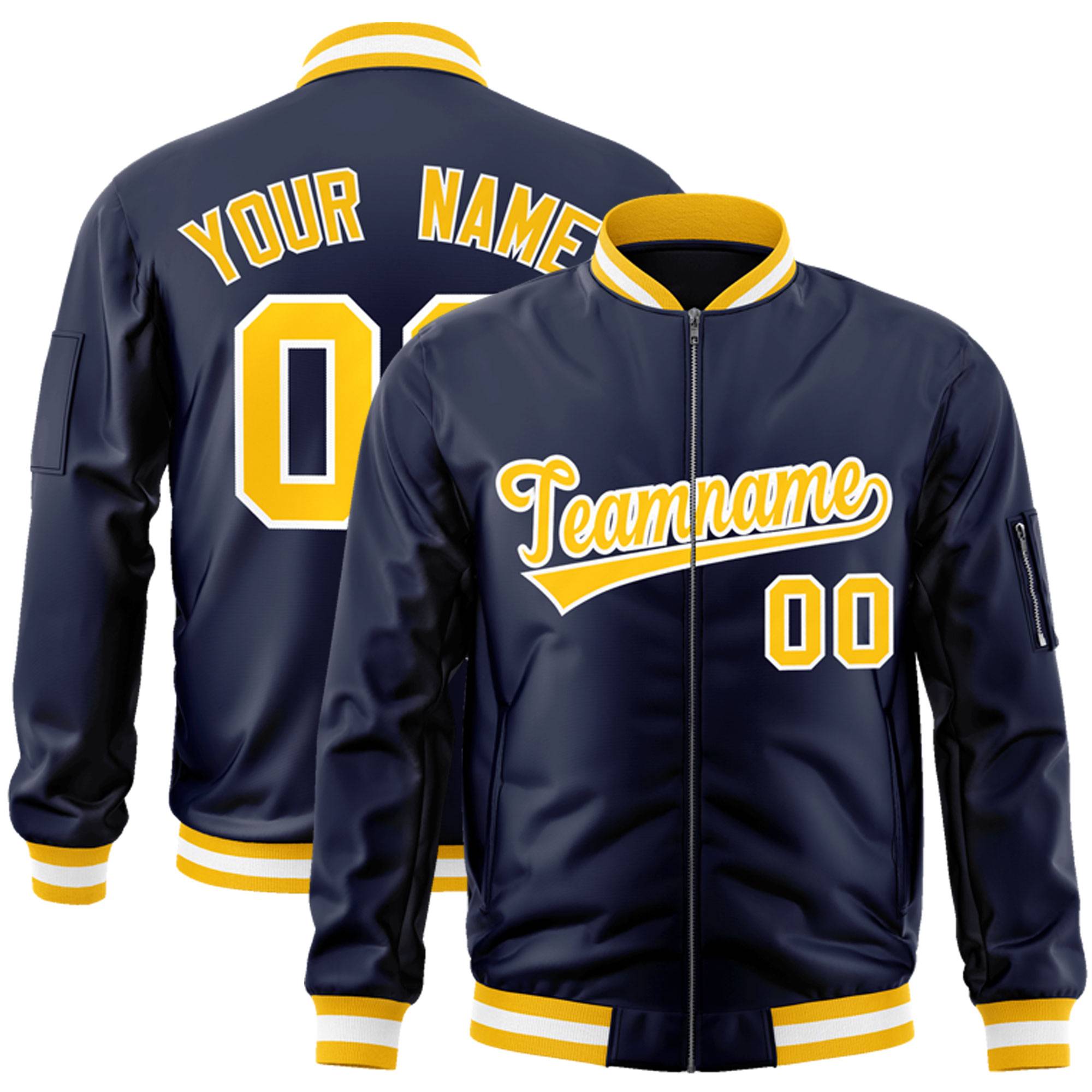 Custom Navy Gold-White Varsity Full-Zip Letterman Bomber Jacket