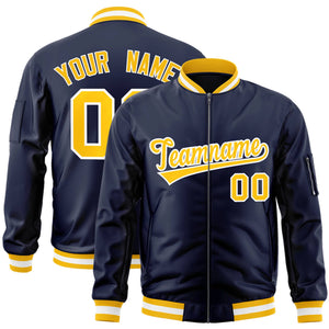 Custom Navy Gold-White Varsity Full-Zip Letterman Bomber Jacket