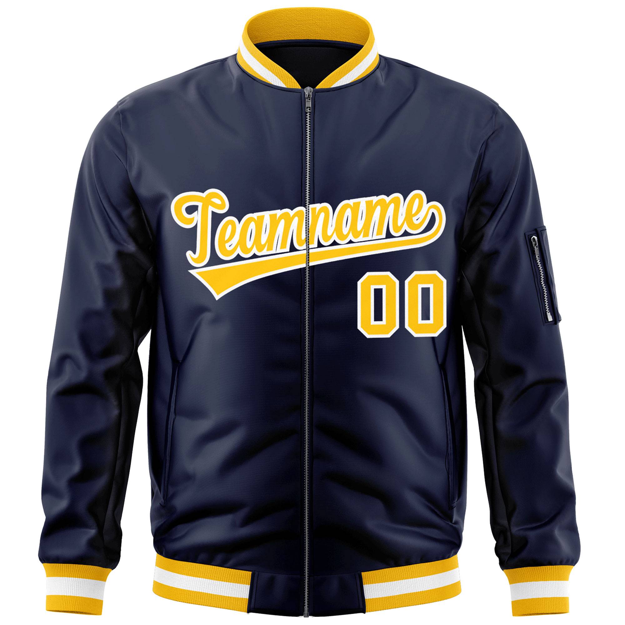 Custom Navy Gold-White Varsity Full-Zip Letterman Bomber Jacket