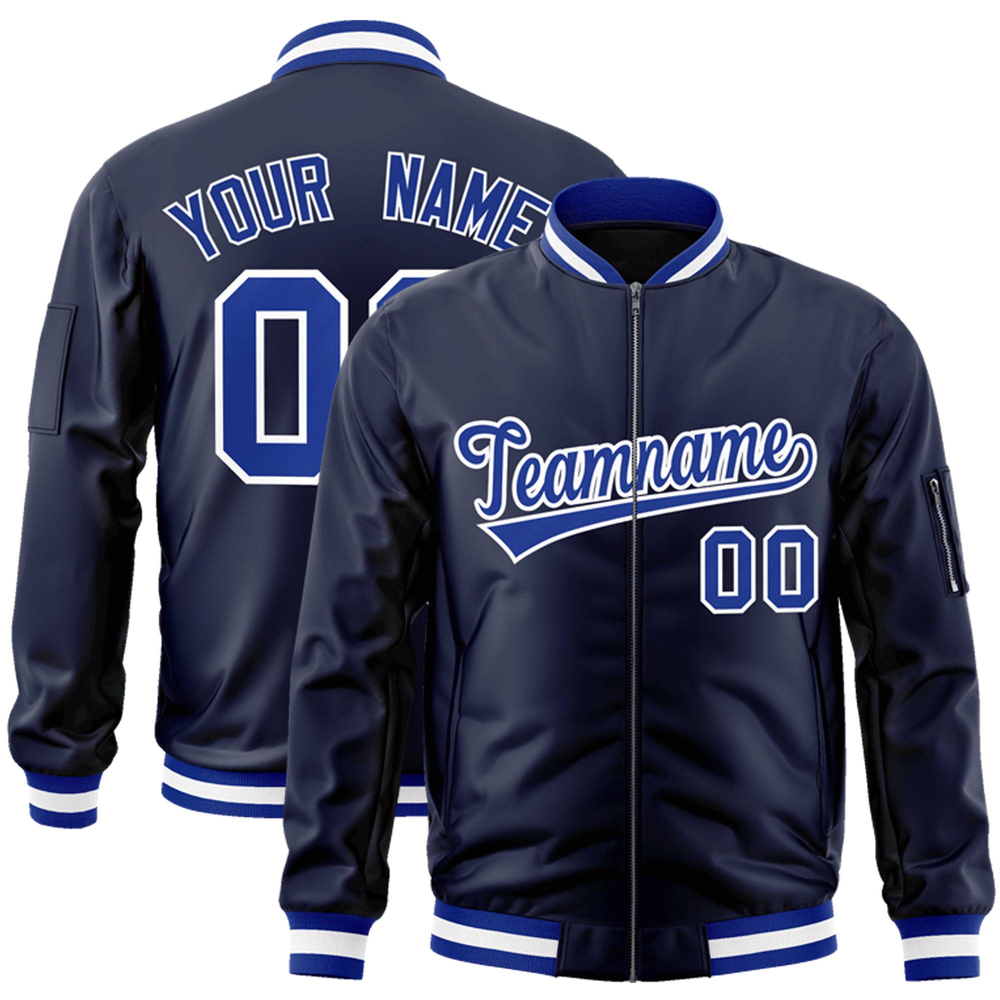 Custom Navy Royal-White Varsity Full-Zip Letterman Bomber Jacket