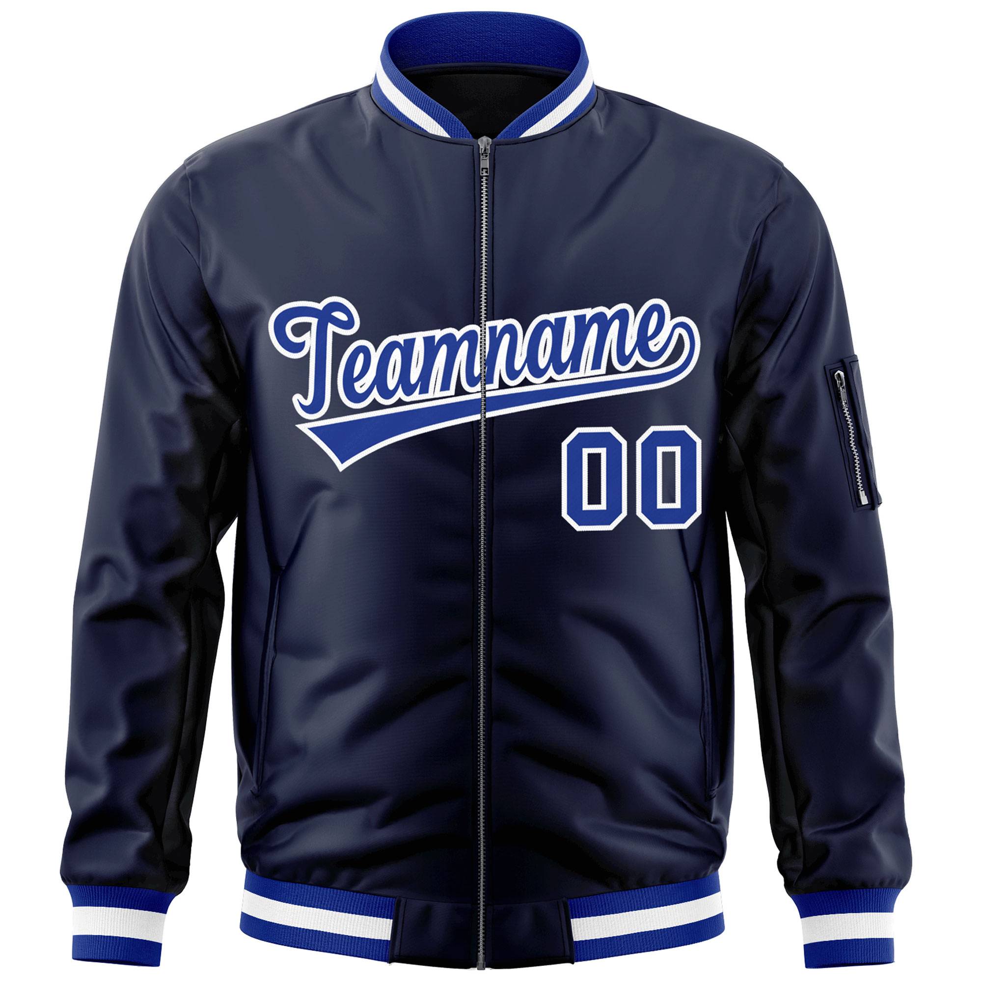 Custom Navy Royal-White Varsity Full-Zip Letterman Bomber Jacket