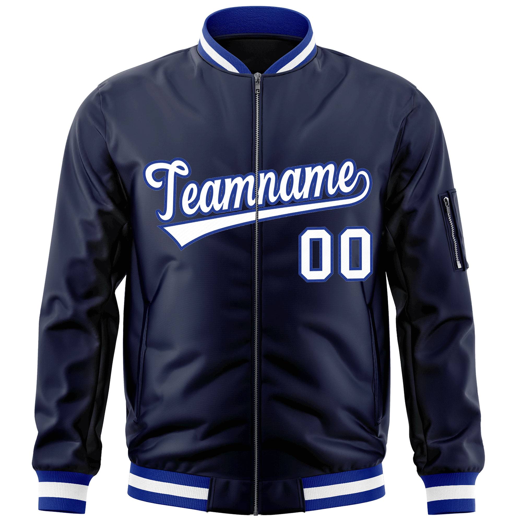 Custom Navy White-Royal Varsity Full-Zip Letterman Bomber Jacket