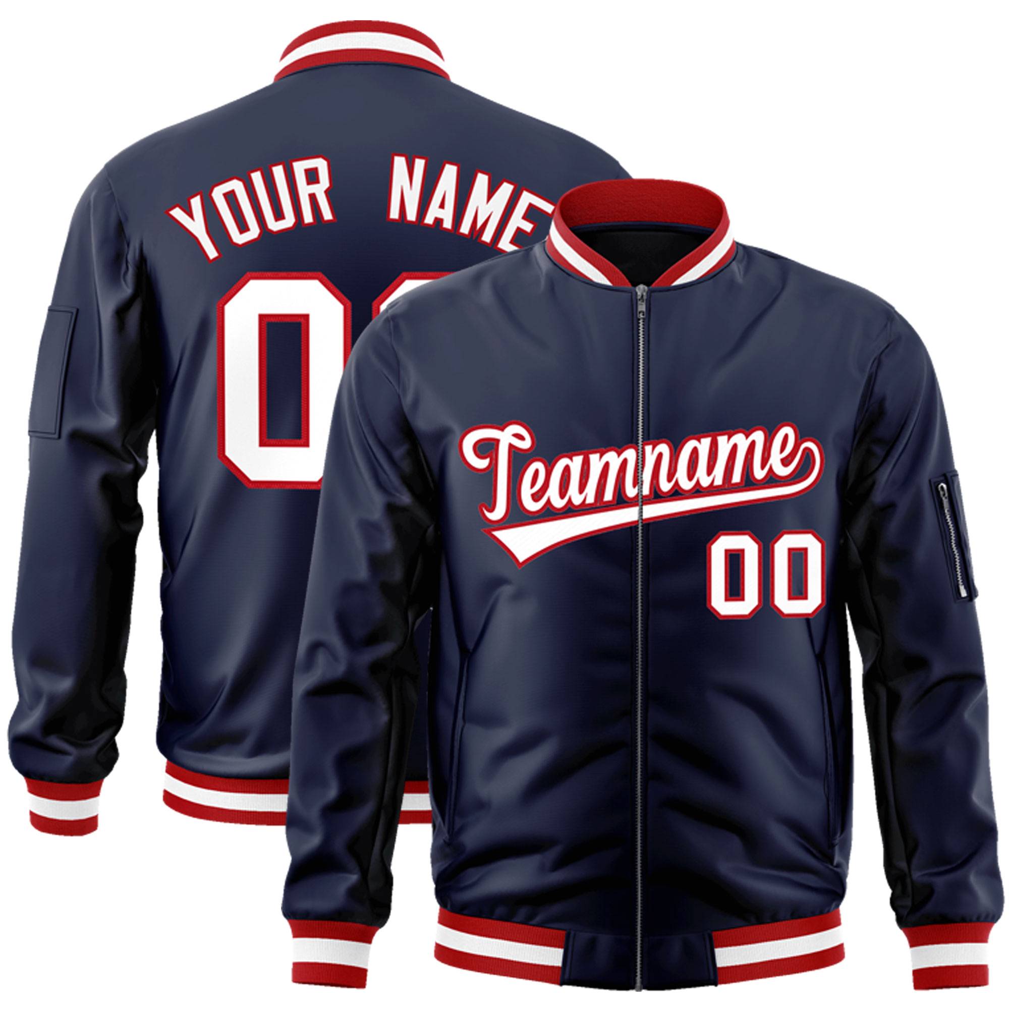 Custom Navy White-Red Varsity Full-Zip Letterman Bomber Jacket