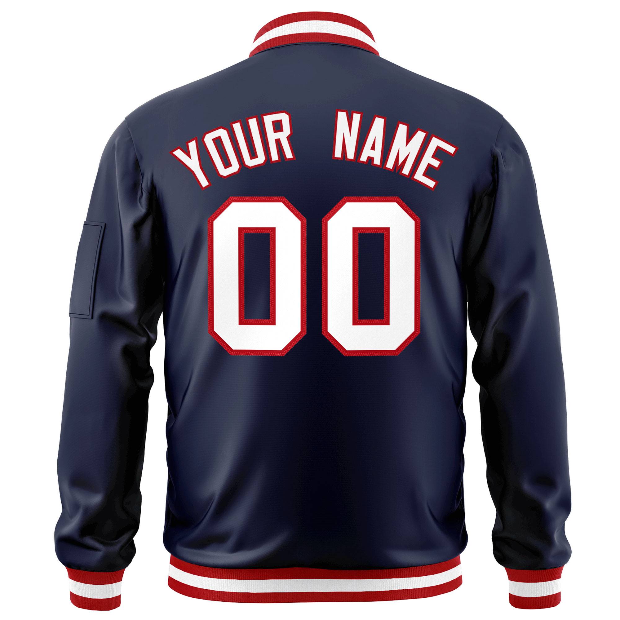 Custom Navy White-Red Varsity Full-Zip Letterman Bomber Jacket