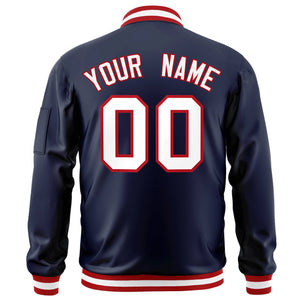 Custom Navy White-Red Varsity Full-Zip Letterman Bomber Jacket