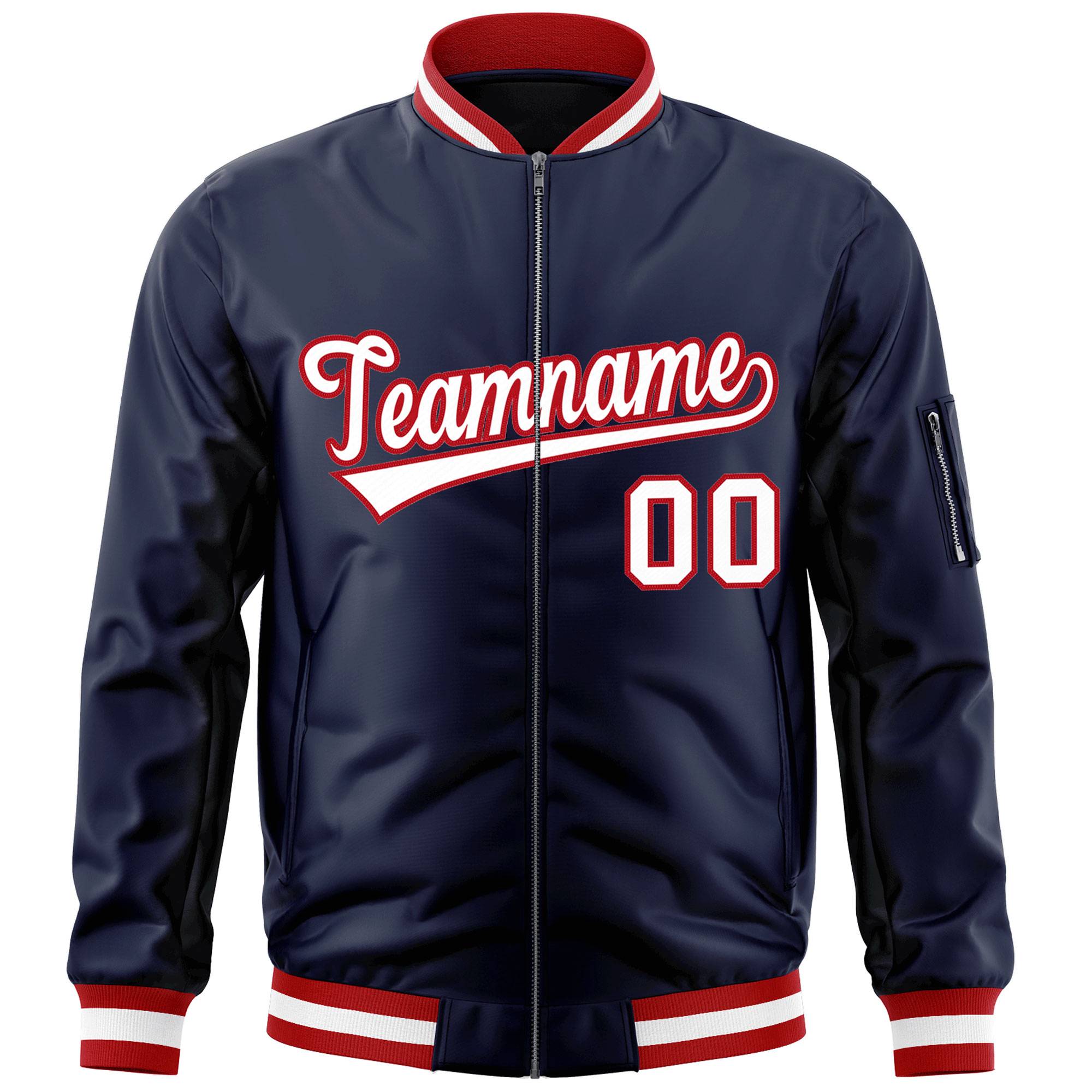 Custom Navy White-Red Varsity Full-Zip Letterman Bomber Jacket