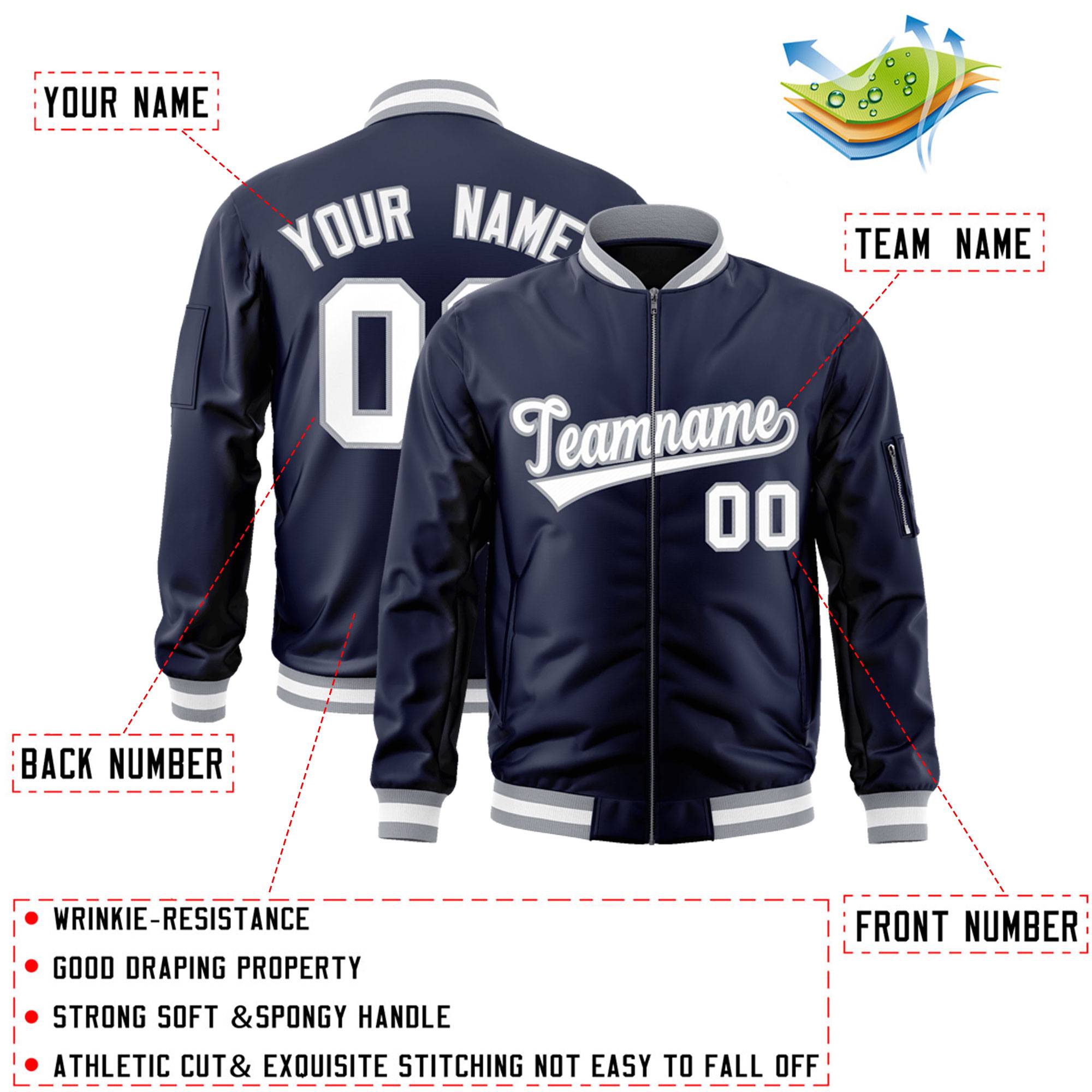 Custom Navy White-Gray Varsity Full-Zip Letterman Bomber Jacket