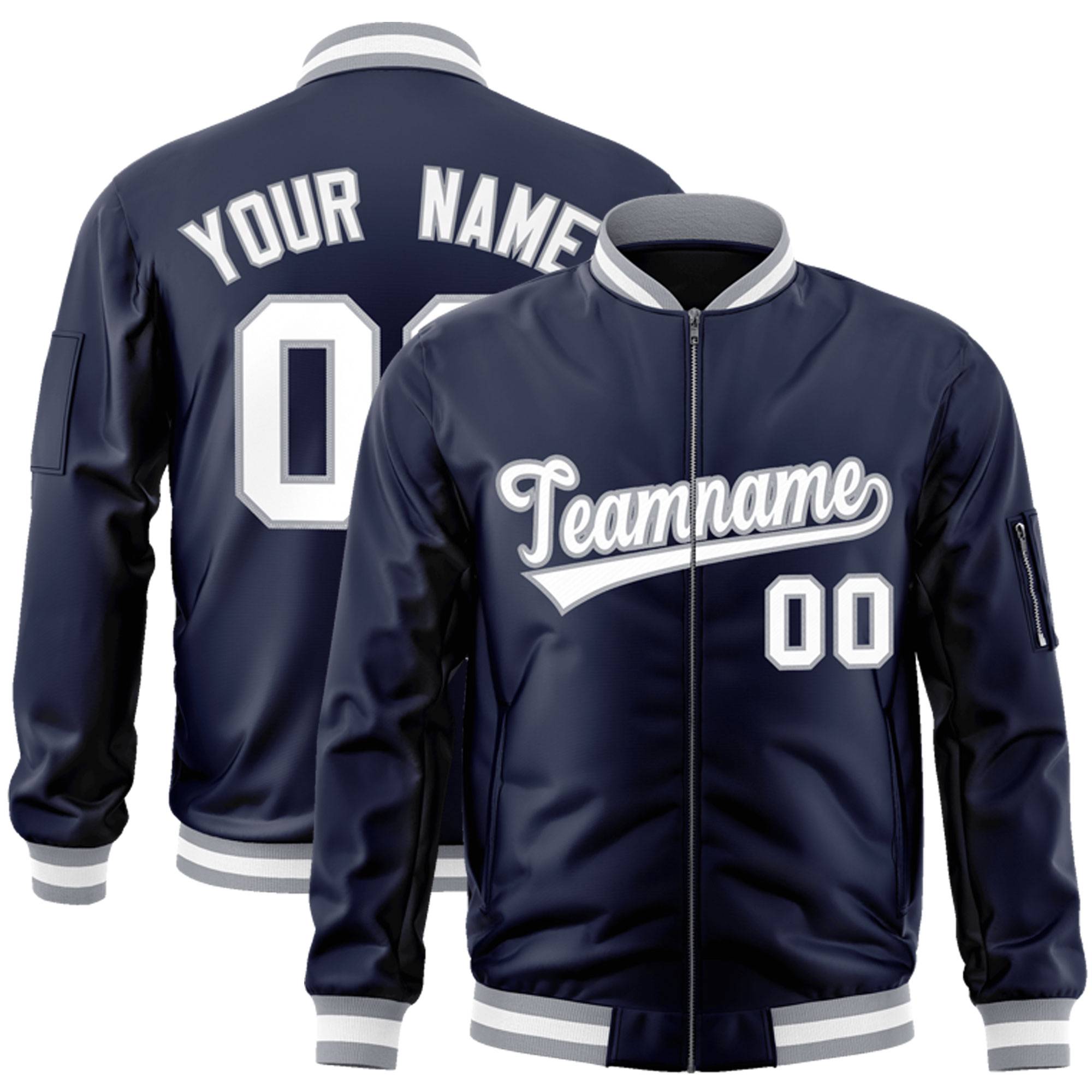 Custom Navy White-Gray Varsity Full-Zip Letterman Bomber Jacket