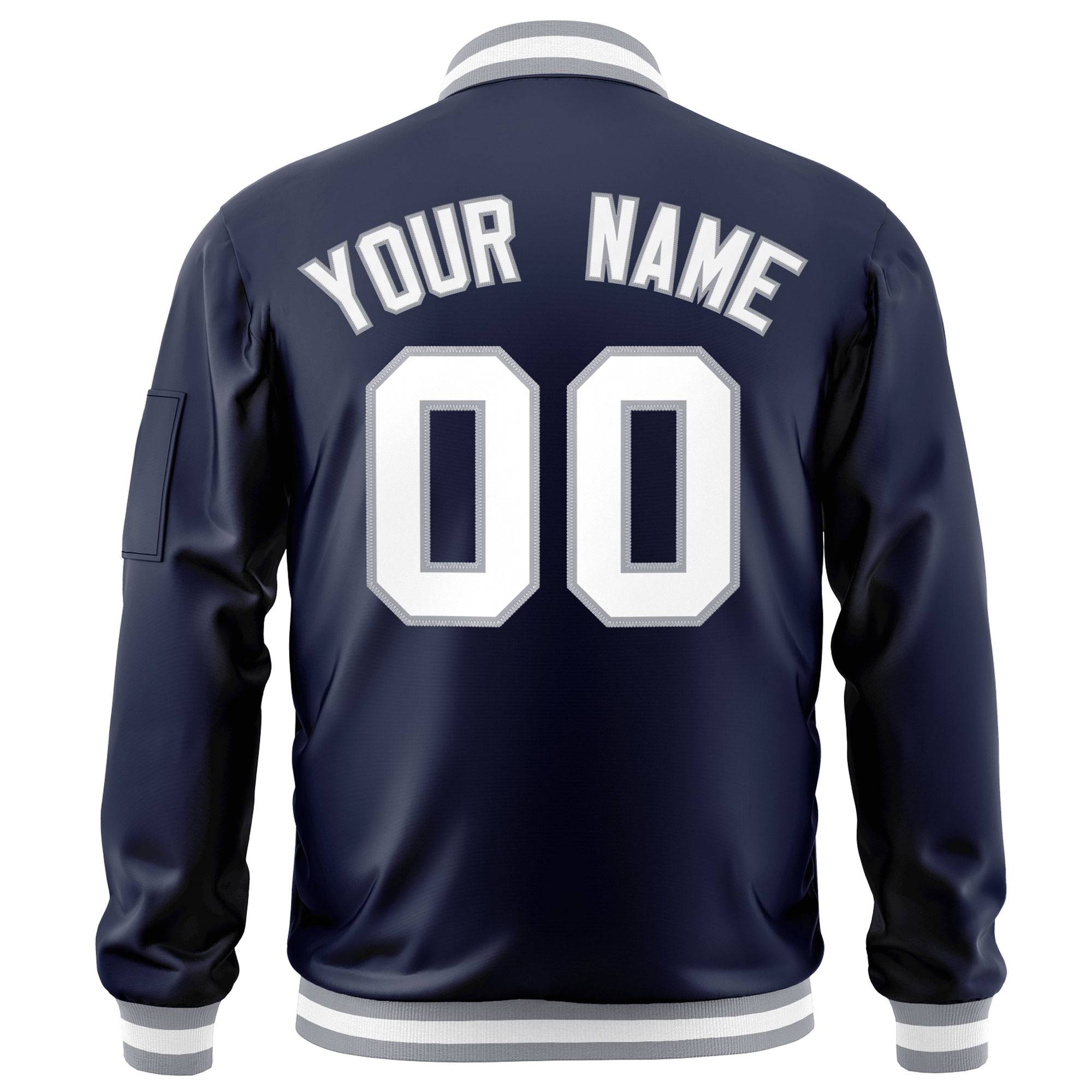 Custom Navy White-Gray Varsity Full-Zip Letterman Bomber Jacket