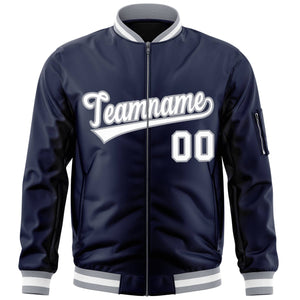 Custom Navy White-Gray Varsity Full-Zip Letterman Bomber Jacket