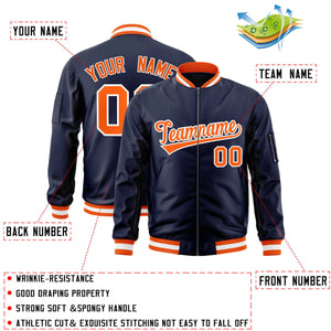 Custom Navy Orange-White Varsity Full-Zip Letterman Bomber Jacket