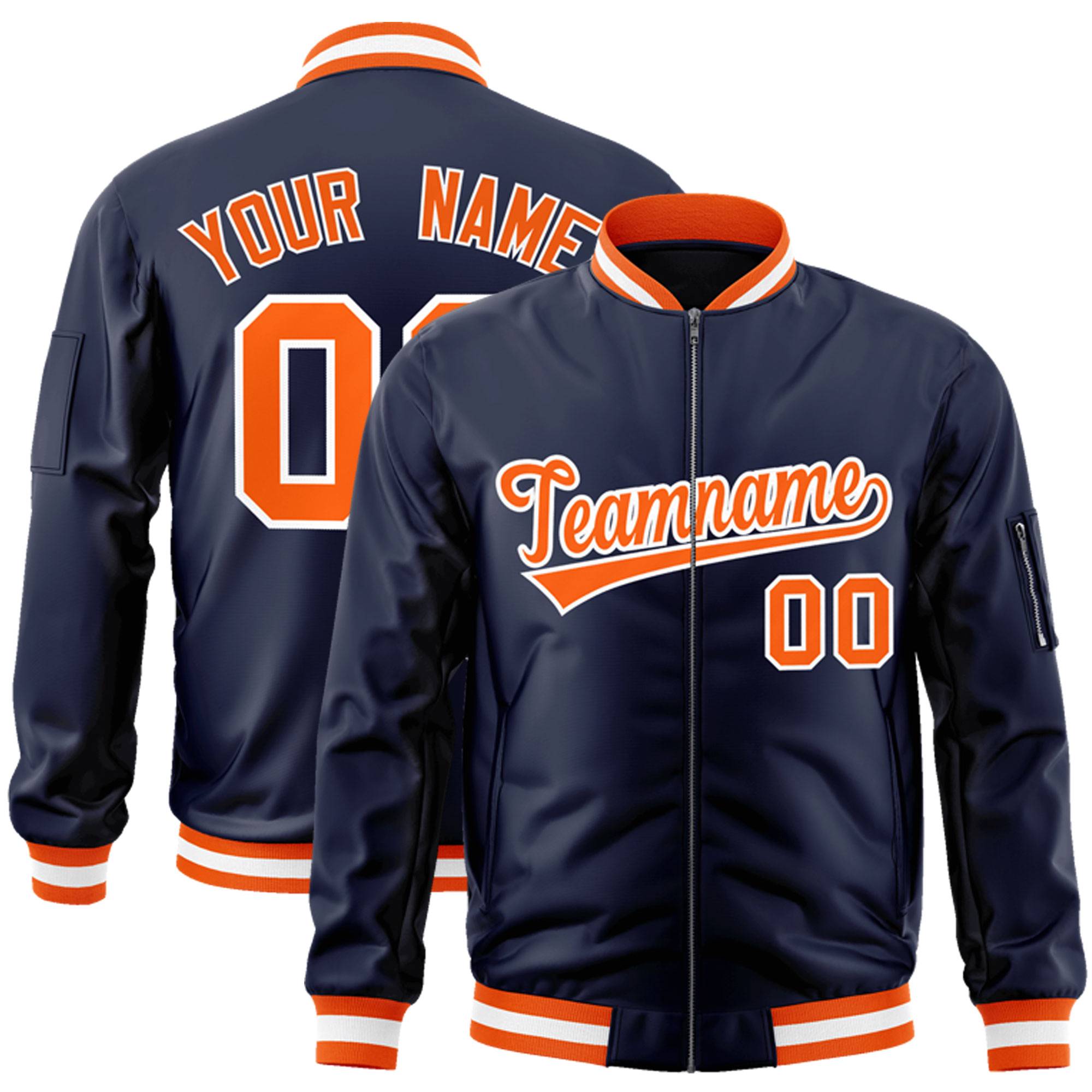 Custom Navy Orange-White Varsity Full-Zip Letterman Bomber Jacket