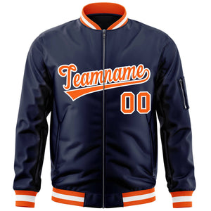 Custom Navy Orange-White Varsity Full-Zip Letterman Bomber Jacket