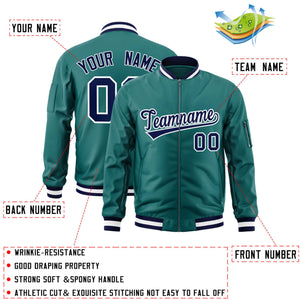 Custom Aqua Navy-White Varsity Full-Zip Letterman Bomber Jacket