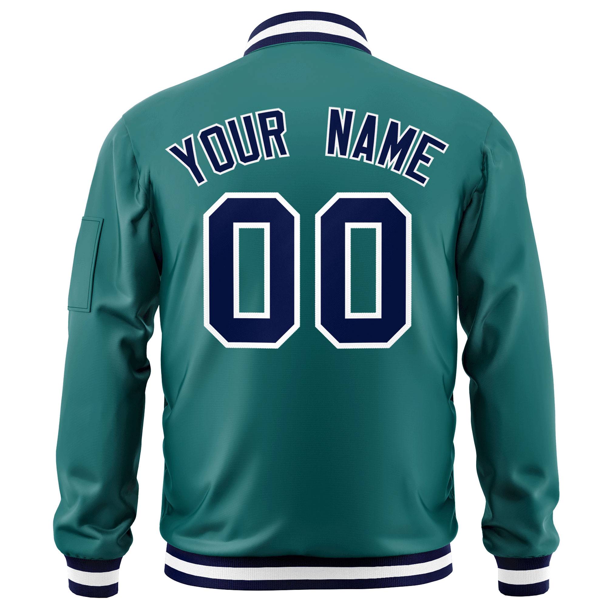 Custom Aqua Navy-White Varsity Full-Zip Letterman Bomber Jacket