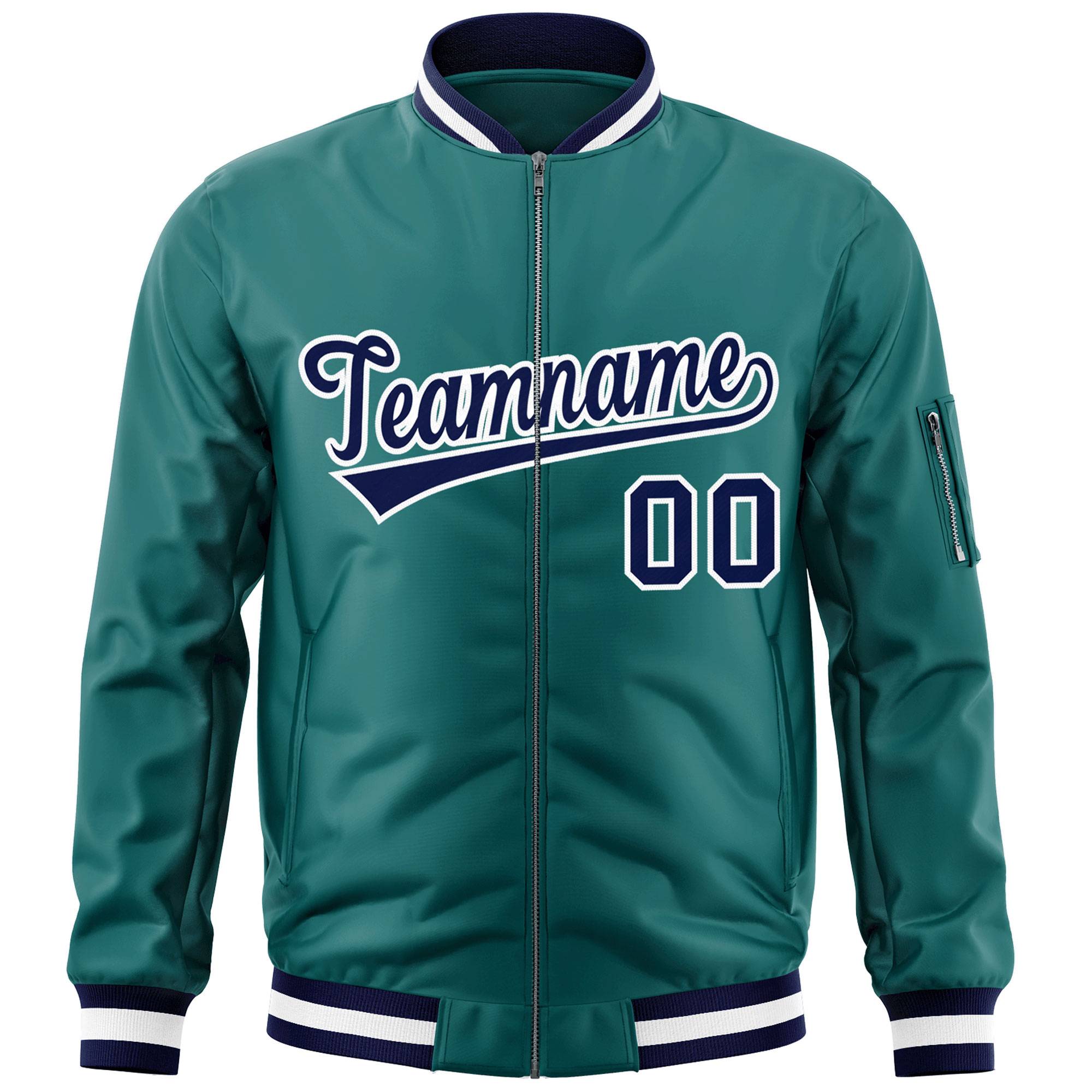 Custom Aqua Navy-White Varsity Full-Zip Letterman Bomber Jacket