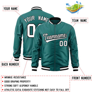 Custom Aqua White-Black Varsity Full-Zip Letterman Bomber Jacket