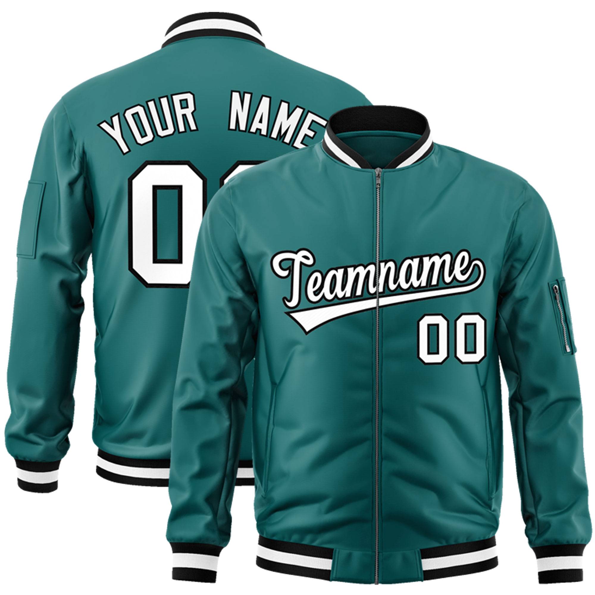 Custom Aqua White-Black Varsity Full-Zip Letterman Bomber Jacket