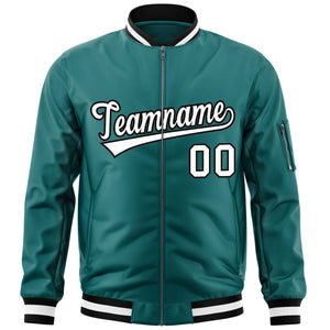 Custom Aqua White-Black Varsity Full-Zip Letterman Bomber Jacket