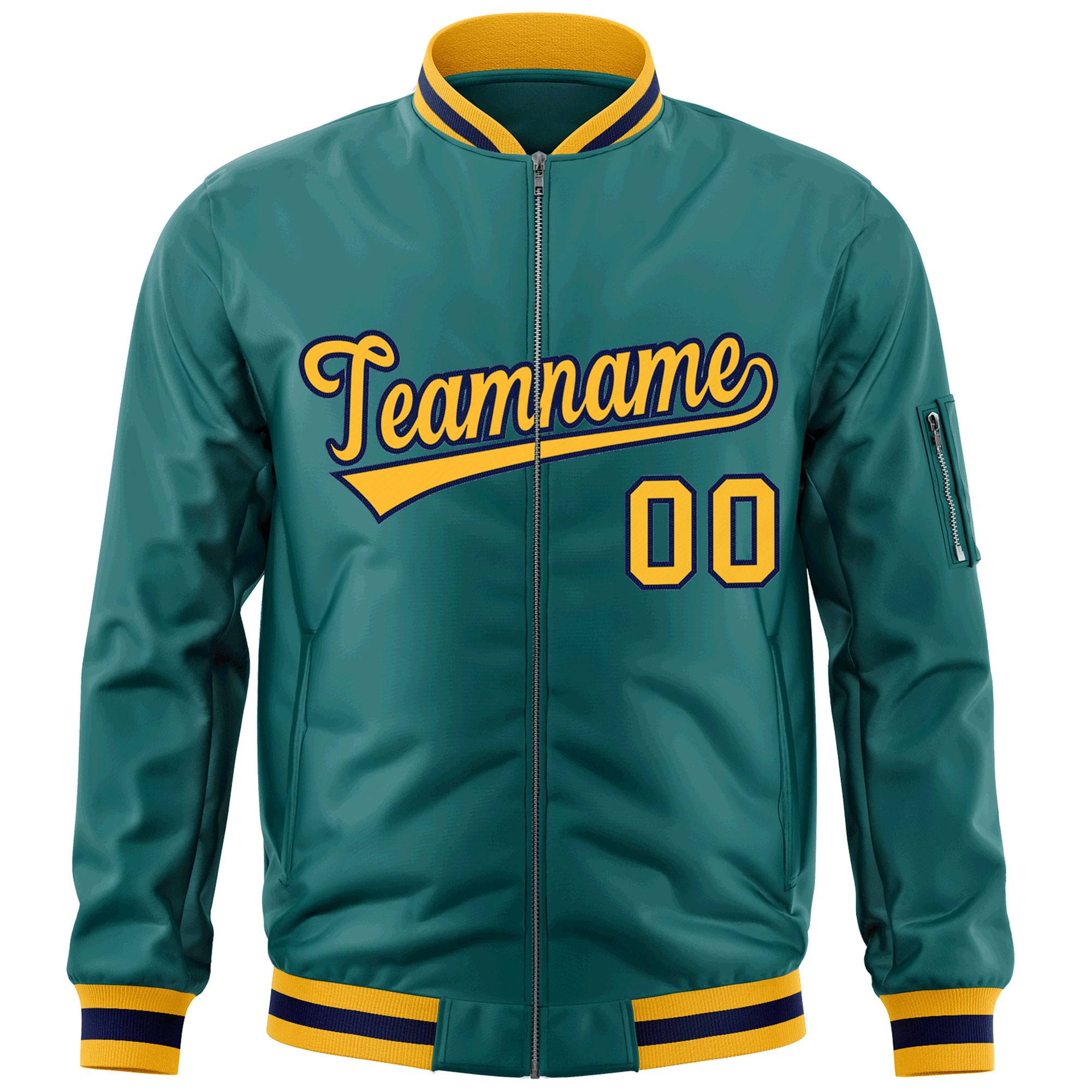 Custom Aqua Gold-Navy Varsity Full-Zip Letterman Bomber Jacket