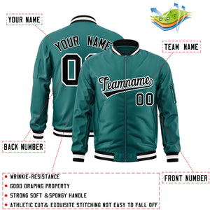 Custom Aqua Black-White Varsity Full-Zip Letterman Bomber Jacket