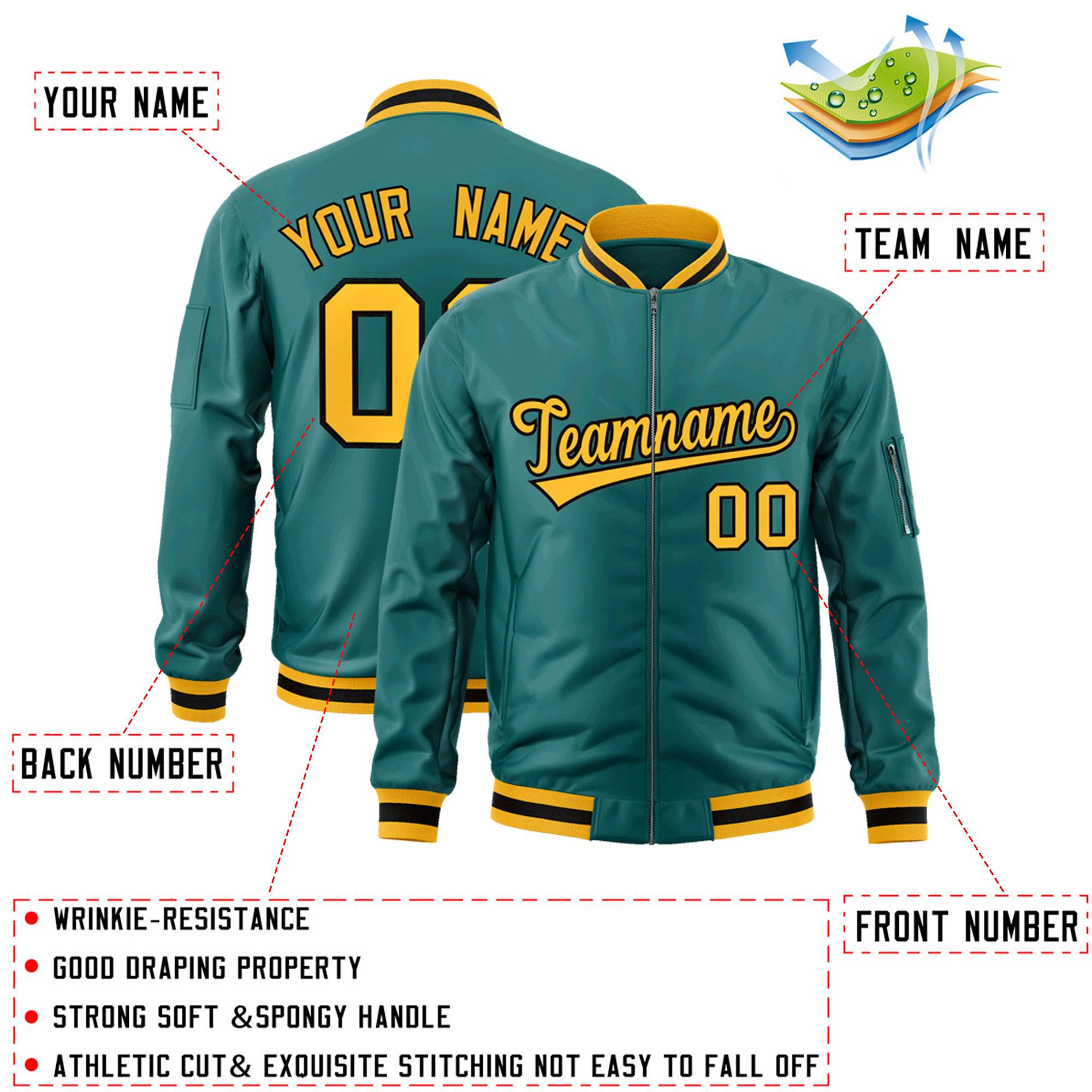 Custom Aqua Gold-Black Varsity Full-Zip Letterman Bomber Jacket