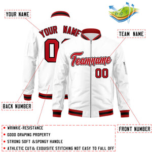 Custom White Red-Black Varsity Full-Zip Letterman Bomber Jacket