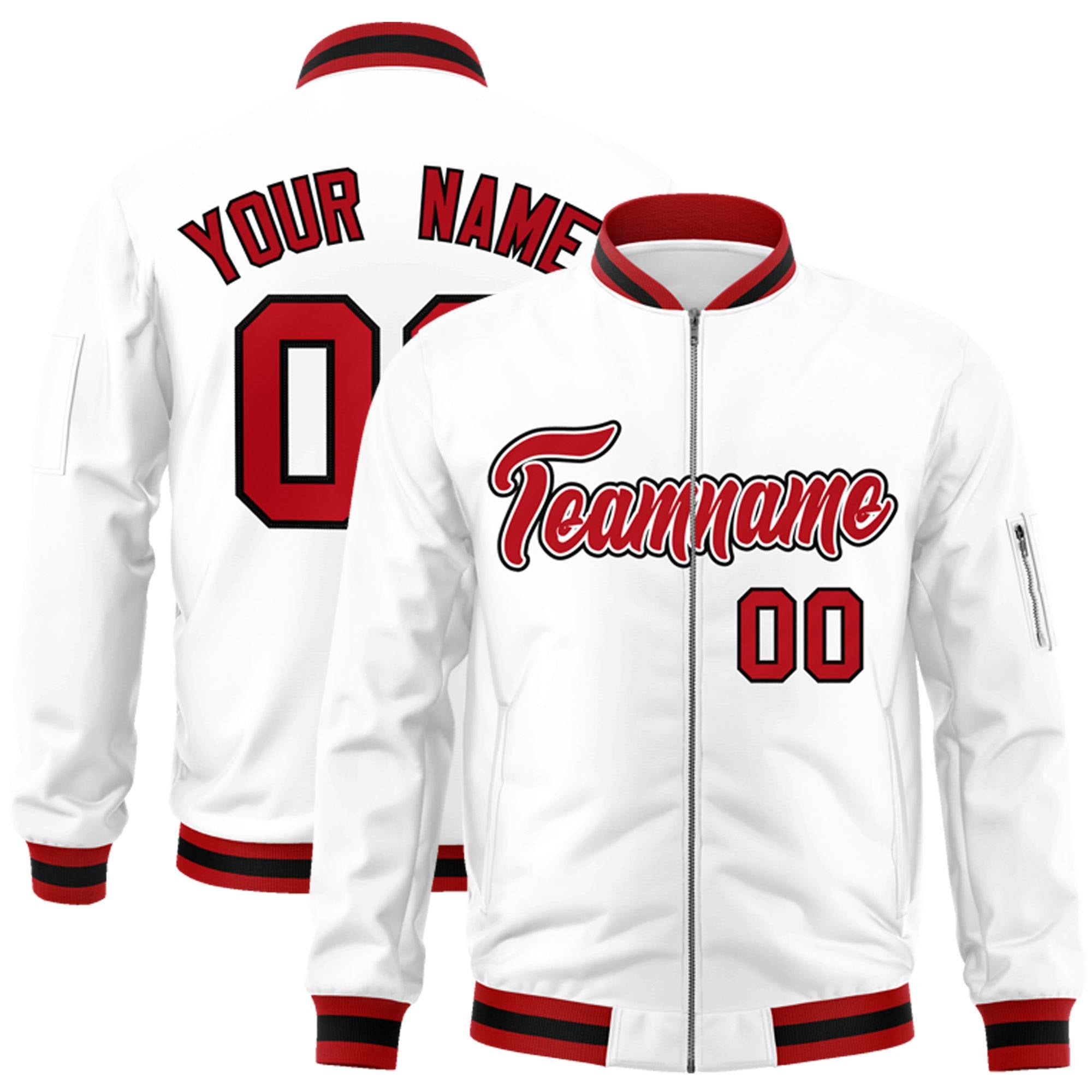 Custom White Red-Black Varsity Full-Zip Letterman Bomber Jacket