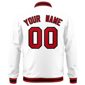 Custom White Red-Black Varsity Full-Zip Letterman Bomber Jacket