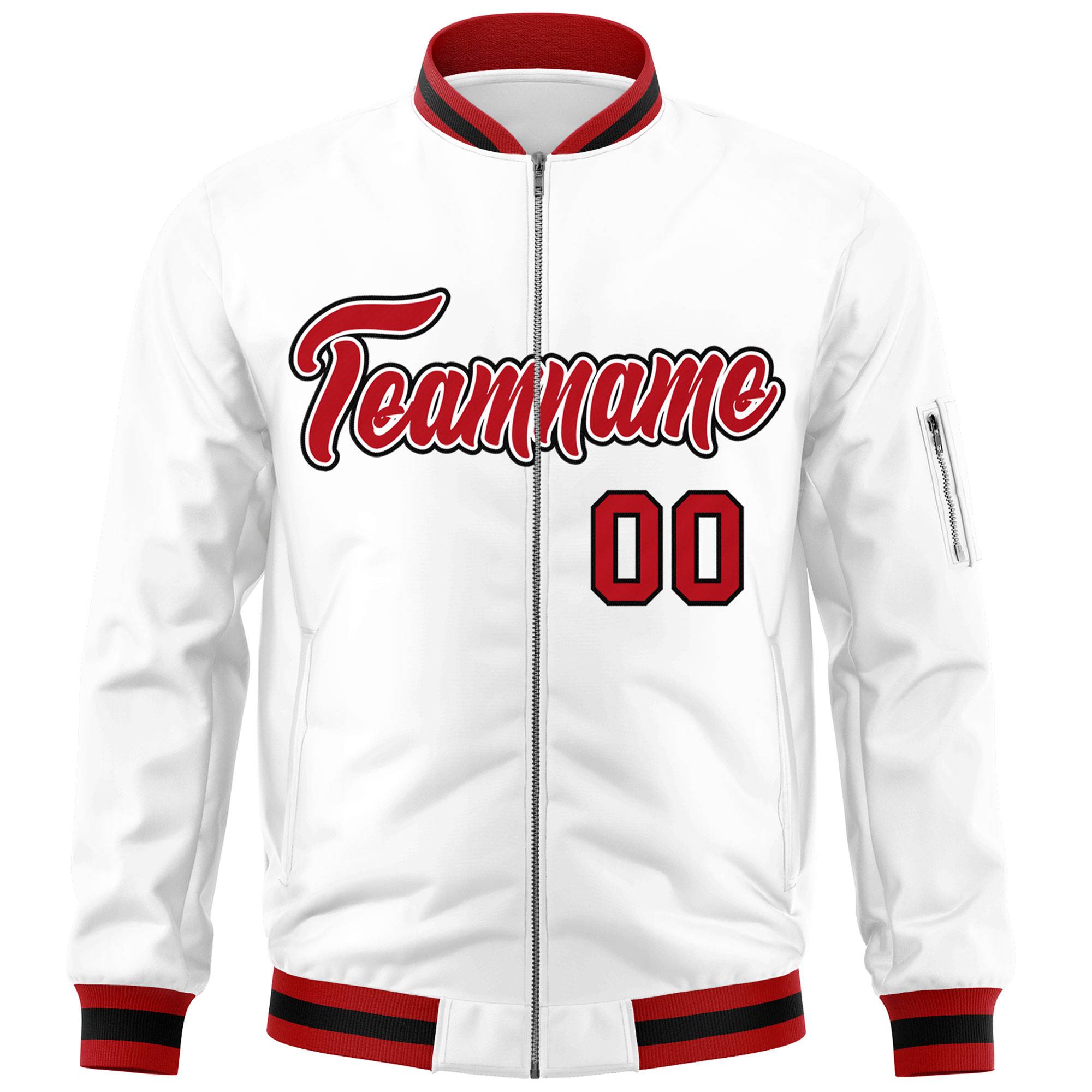 Custom White Red-Black Varsity Full-Zip Letterman Bomber Jacket