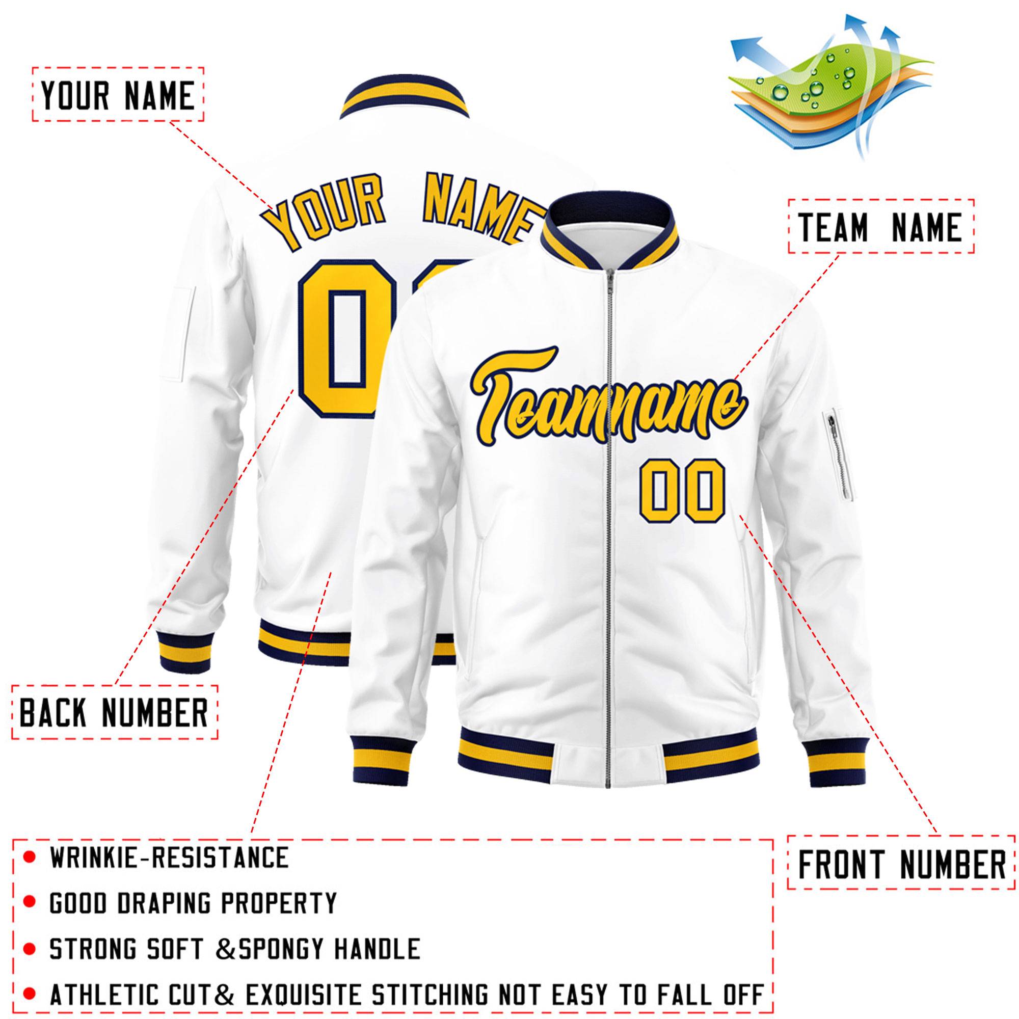 Custom White Yellow-Navy Varsity Full-Zip Letterman Bomber Jacket