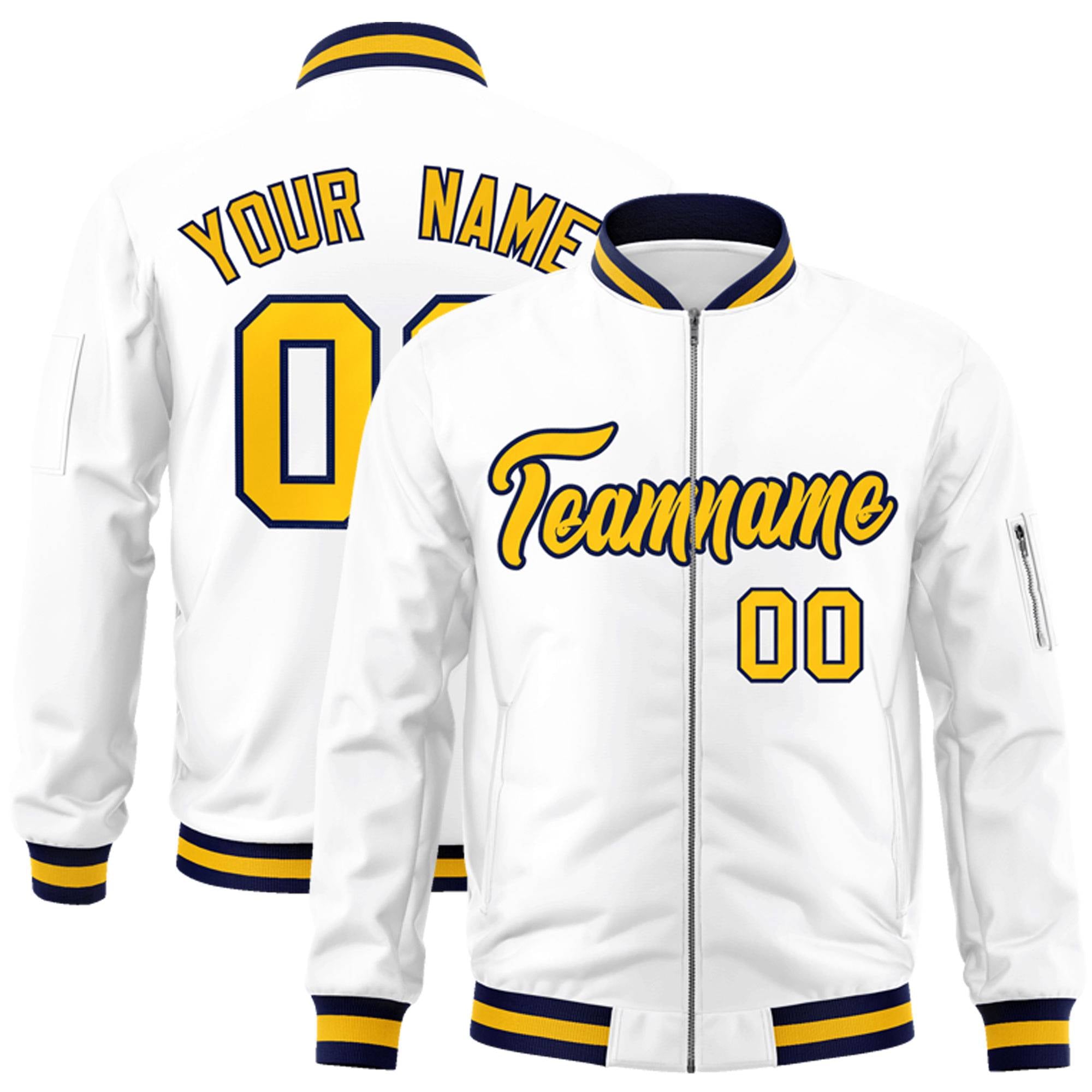 Custom White Yellow-Navy Varsity Full-Zip Letterman Bomber Jacket