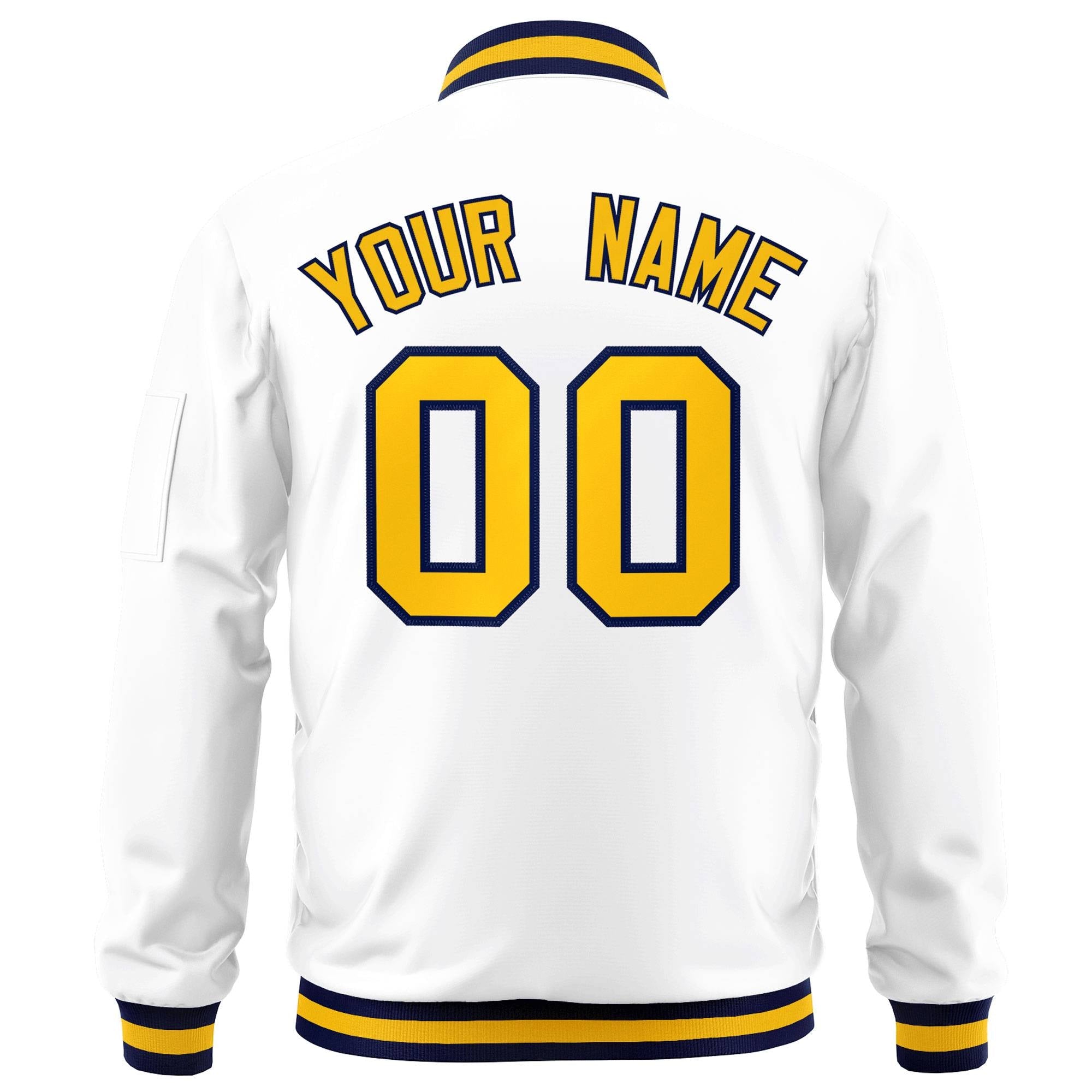 Custom White Yellow-Navy Varsity Full-Zip Letterman Bomber Jacket