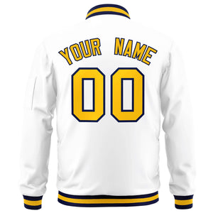 Custom White Yellow-Navy Varsity Full-Zip Letterman Bomber Jacket