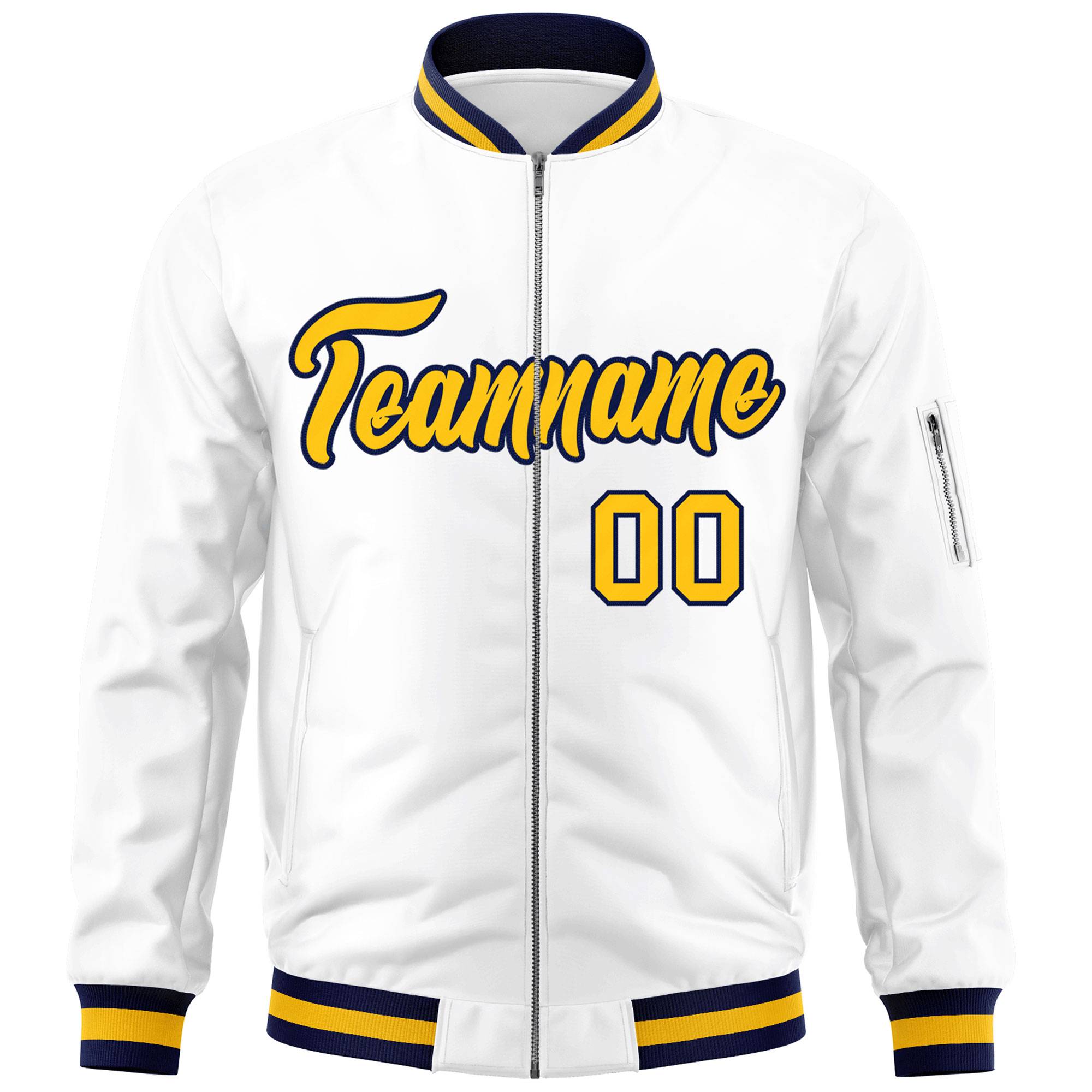 Custom White Yellow-Navy Varsity Full-Zip Letterman Bomber Jacket